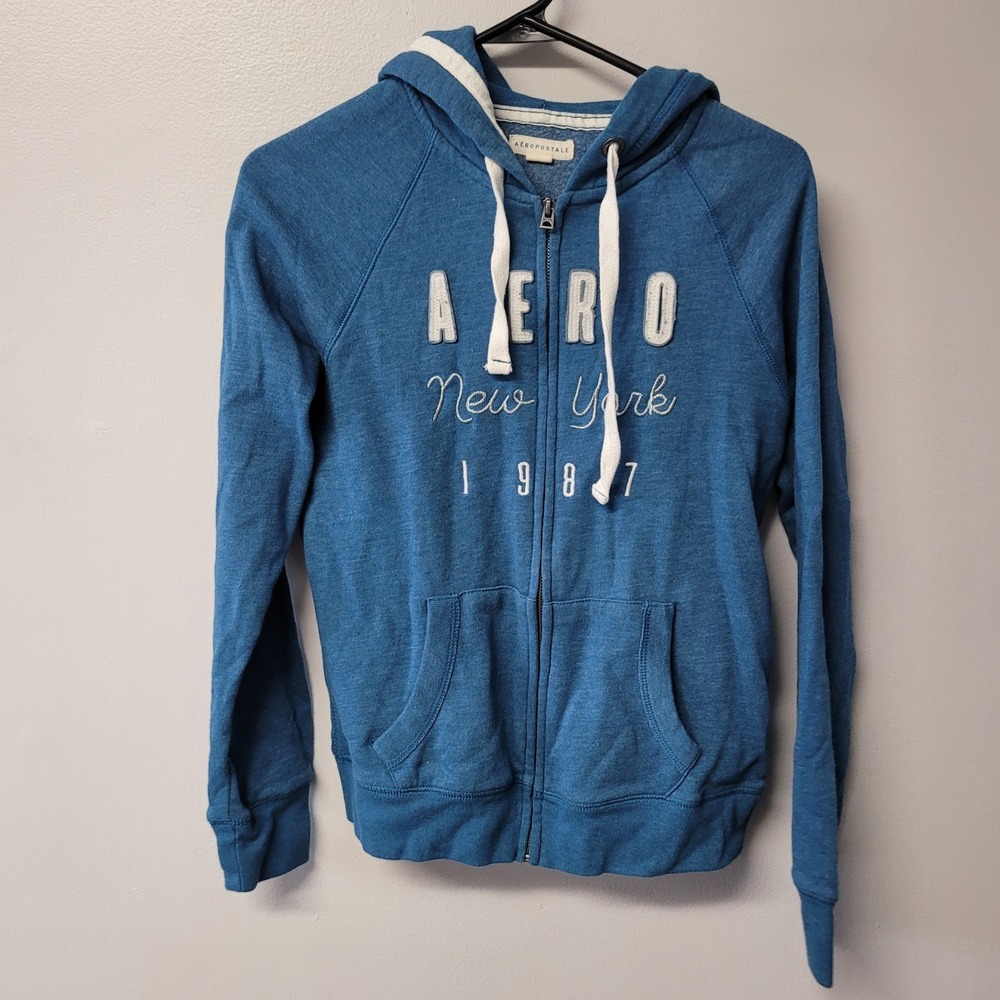 Aeropostale Womens Junior Blue Aero New York 1987 Full Zip Hoodie Medium‎